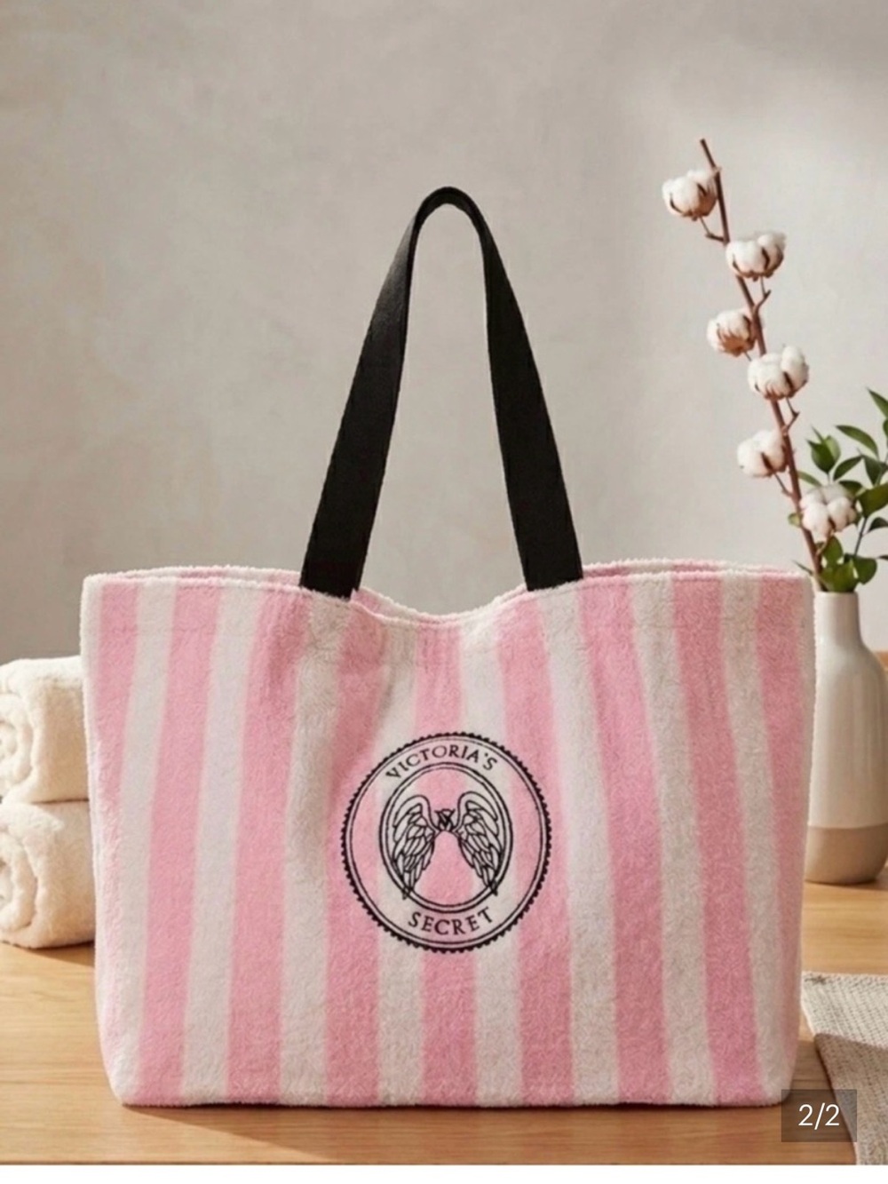 Victoria's Secret Pink and White Striped Tote with Black Handles